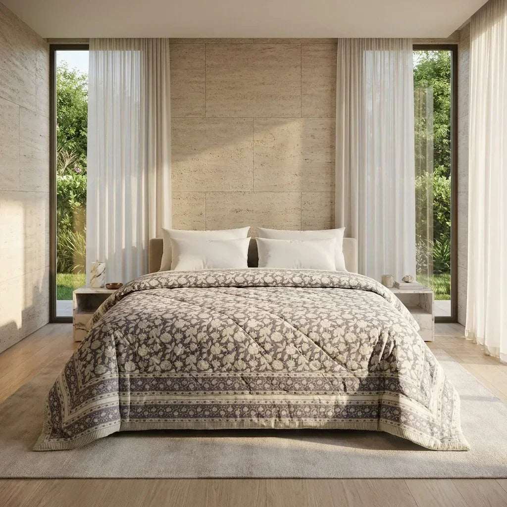 Cream & Taupe Jaipur Indian hand block print floral quilted comforter | Indian handicraft Jaipur hand block print cotton muslin comforter | floral quilted bedspread Sanganer | block print Queen King bedding India | House of Avana [[SKU:HOA-COM-CRTP-018]]