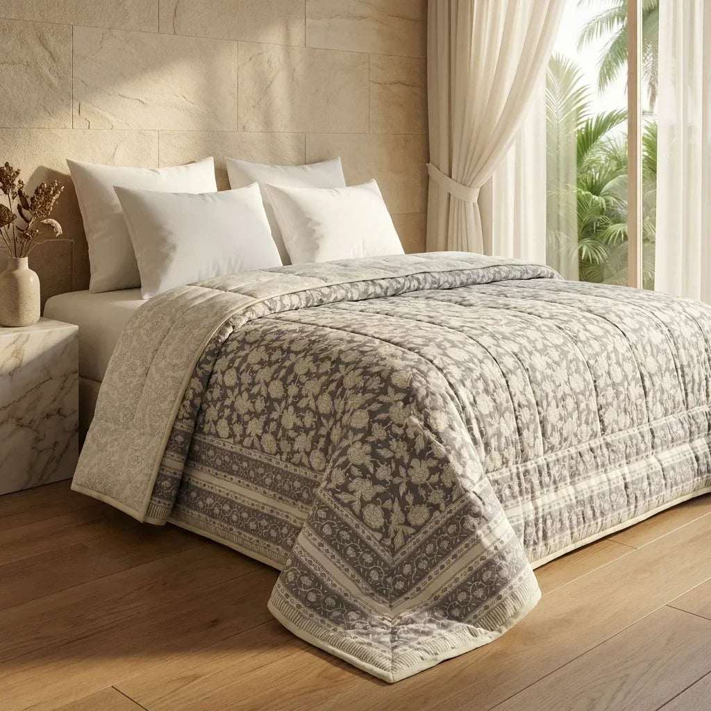 Cream & Taupe Jaipur Indian hand block print floral quilted comforter | Jaipur Indian block print cotton muslin quilted comforter | Sanganer hand block print floral bedding | quilt Queen King size India handicraft | House of Avana [[SKU:HOA-COM-CRTP-018]]