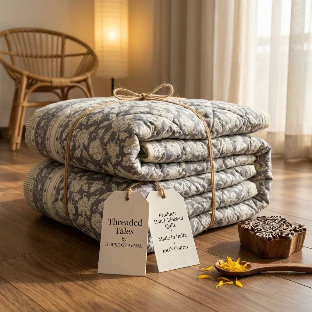 Cream & Taupe Jaipur Indian hand block print floral quilted comforter | Jaipur Indian hand block print cotton muslin quilted comforter | Sanganer floral block print bedding | Queen King size quilt India | House of Avana