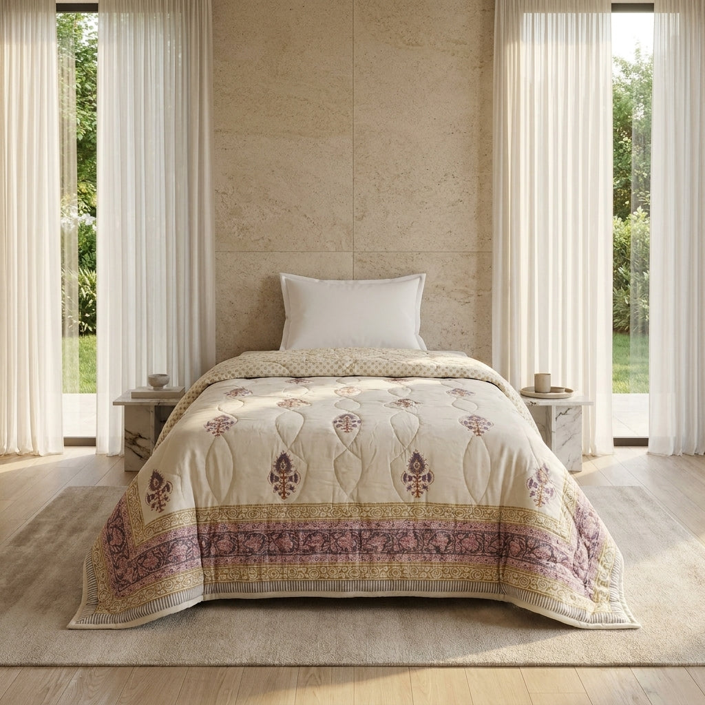 Sanganer print single bed quilt with purple floral motifs and a decorative border on a cream base.