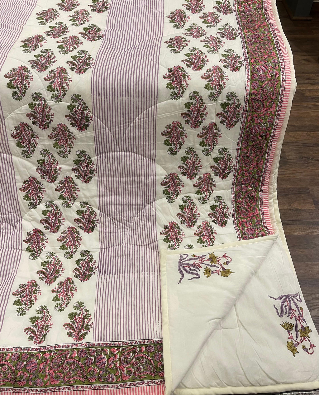 Cream & Deep Pink Jaipur Indian hand block print floral quilted comforter | Jaipur Indian hand block print cotton muslin quilted comforter | Sanganer floral block print bedding | Queen King size quilt India | House of Avana