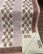 Cream & Deep Pink Jaipur Indian hand block print floral quilted comforter | Jaipur Indian hand block print cotton muslin quilted comforter | Sanganer floral block print bedding | Queen King size quilt India | House of Avana
