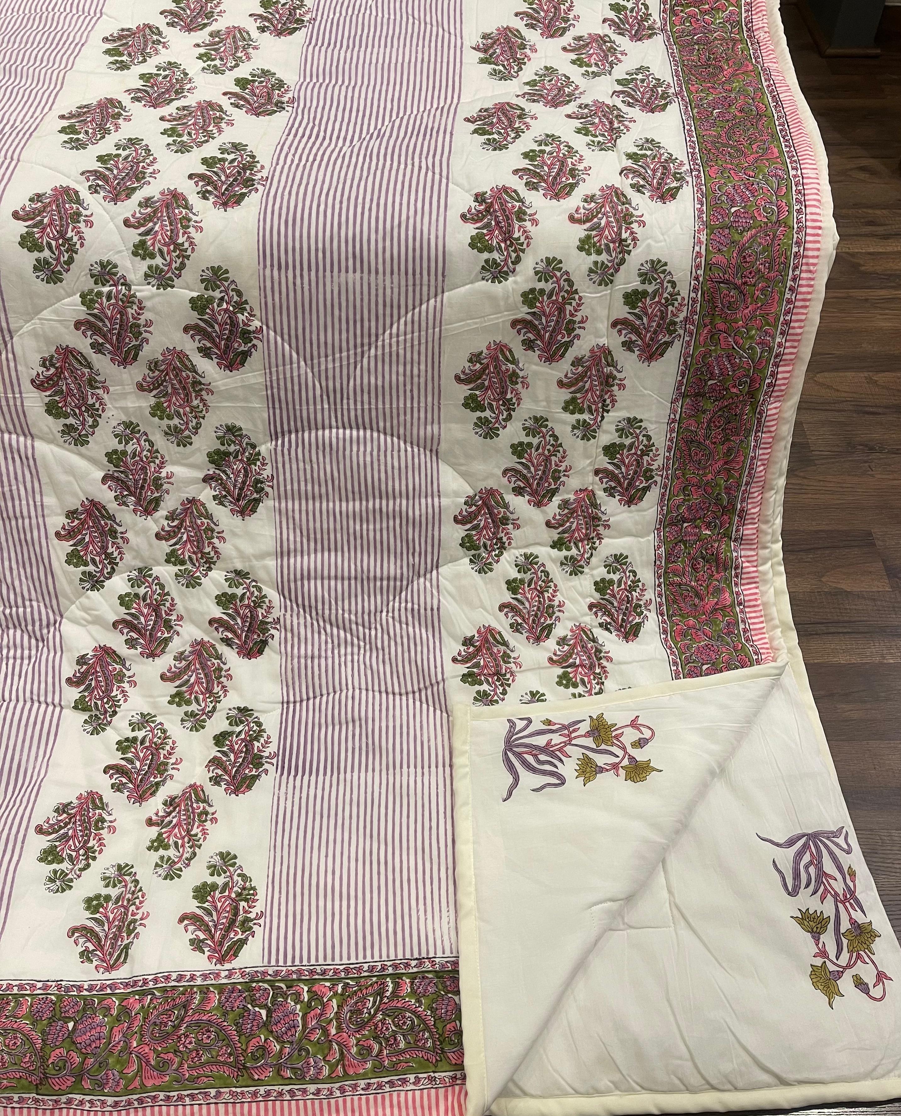 Cream & Deep Pink Jaipur Indian hand block print floral quilted comforter | Jaipur Indian hand block print cotton muslin quilted comforter | Sanganer floral block print bedding | Queen King size quilt India | House of Avana