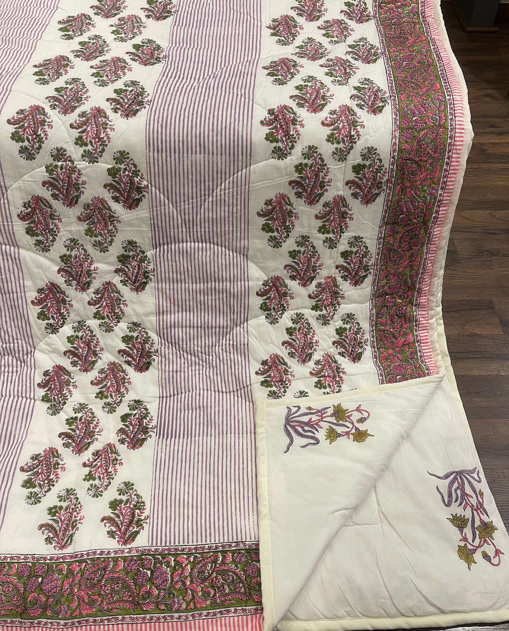 Cream & Deep Pink Jaipur Indian hand block print floral quilted comforter | Jaipur Indian hand block print cotton muslin quilted comforter | Sanganer floral block print bedding | Queen King size quilt India | House of Avana [[SKU:HOA-COM-DPOG-005]]