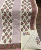 Cream & Deep Pink Jaipur Indian hand block print floral quilted comforter | Jaipur Indian hand block print cotton muslin quilted comforter | Sanganer floral block print bedding | Queen King size quilt India | House of Avana [[SKU:HOA-COM-DPOG-005]]
