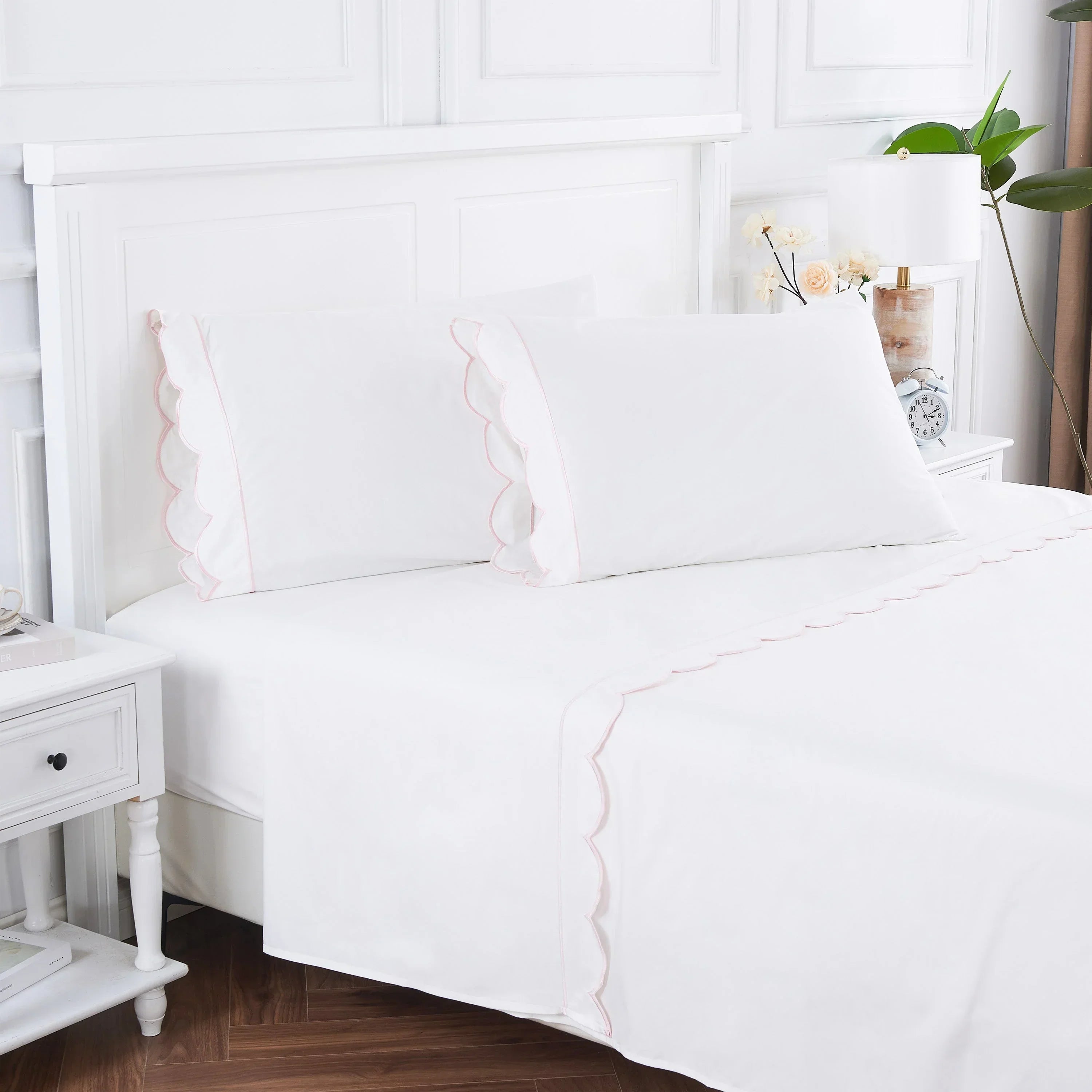 Scallop Frame Embroidered Cotton Percale Sheet Set Mélange Home