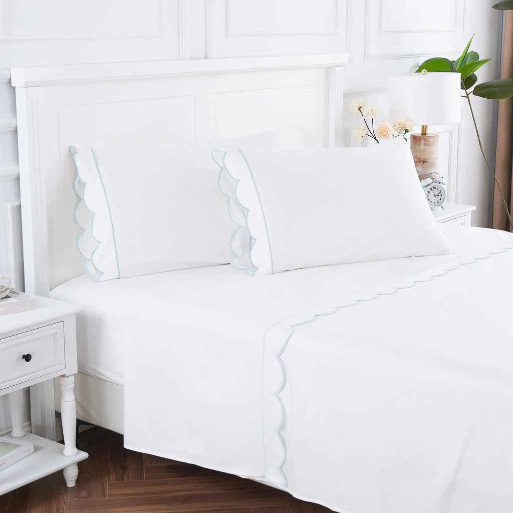 Scallop Frame Embroidered Cotton Percale Sheet Set Mélange Home