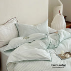 Scandinavian Overlock Striped Bedding Set / White + Green Ever Lasting