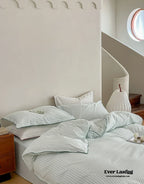 Scandinavian Overlock Striped Bedding Set / White + Green Ever Lasting