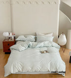 Scandinavian Overlock Striped Bedding Set / White + Green Ever Lasting