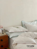 Scandinavian Overlock Striped Bedding Set / White + Green Ever Lasting