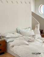 Scandinavian Overlock Striped Bedding Set / White + Green Ever Lasting