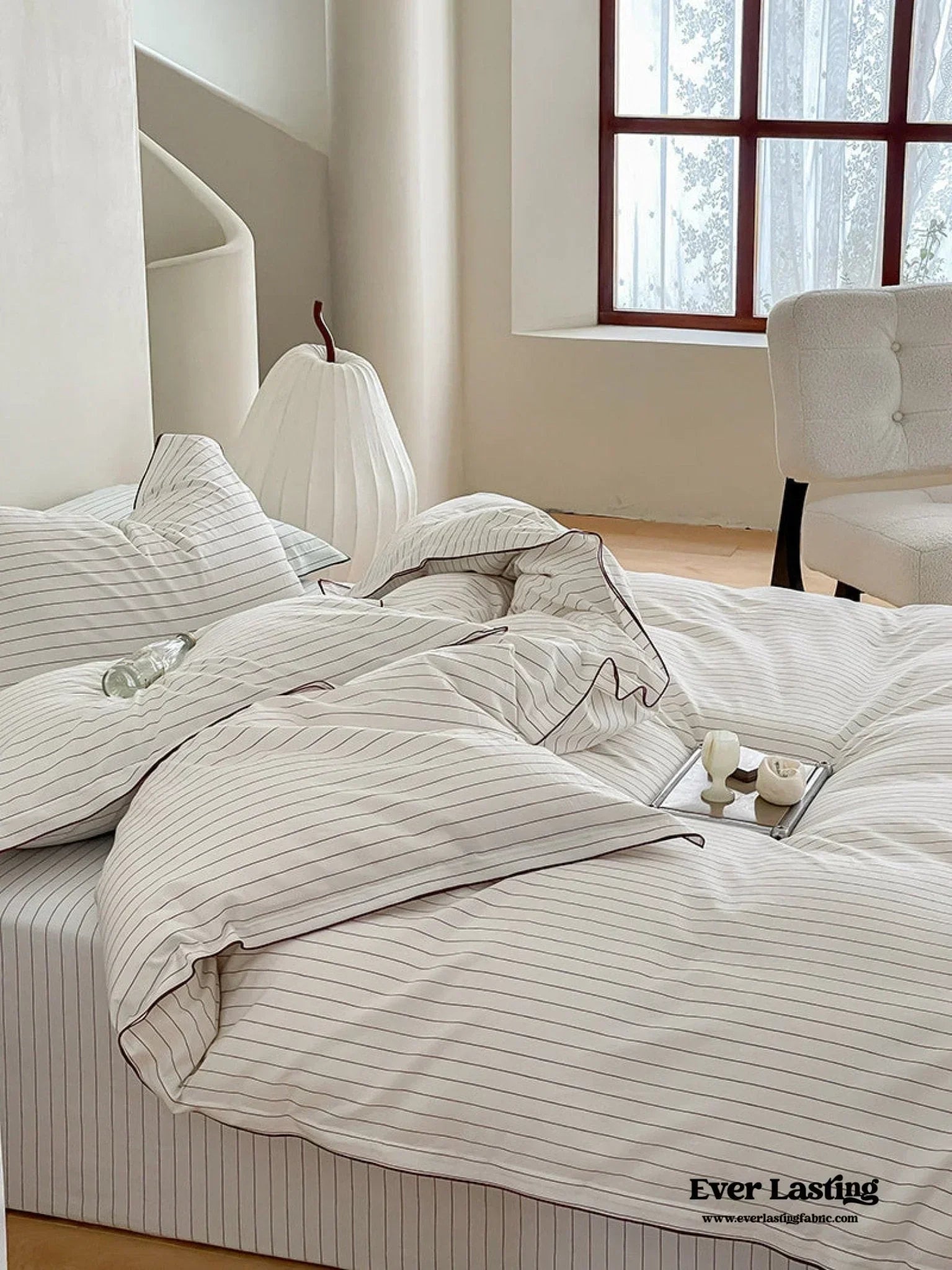 Scandinavian Overlock Striped Bedding Set / White + Green Ever Lasting