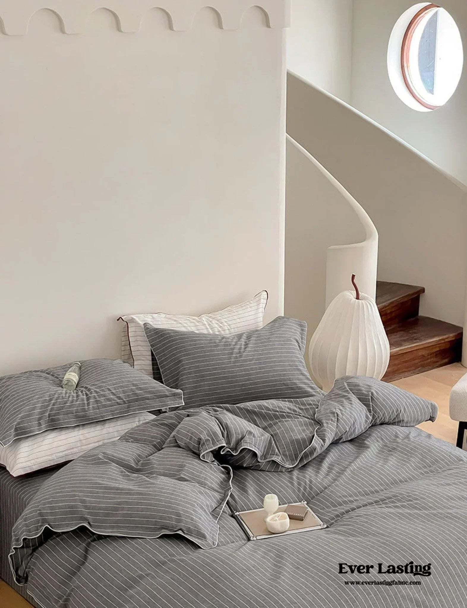 Scandinavian Overlock Striped Bedding Set / White + Green Ever Lasting