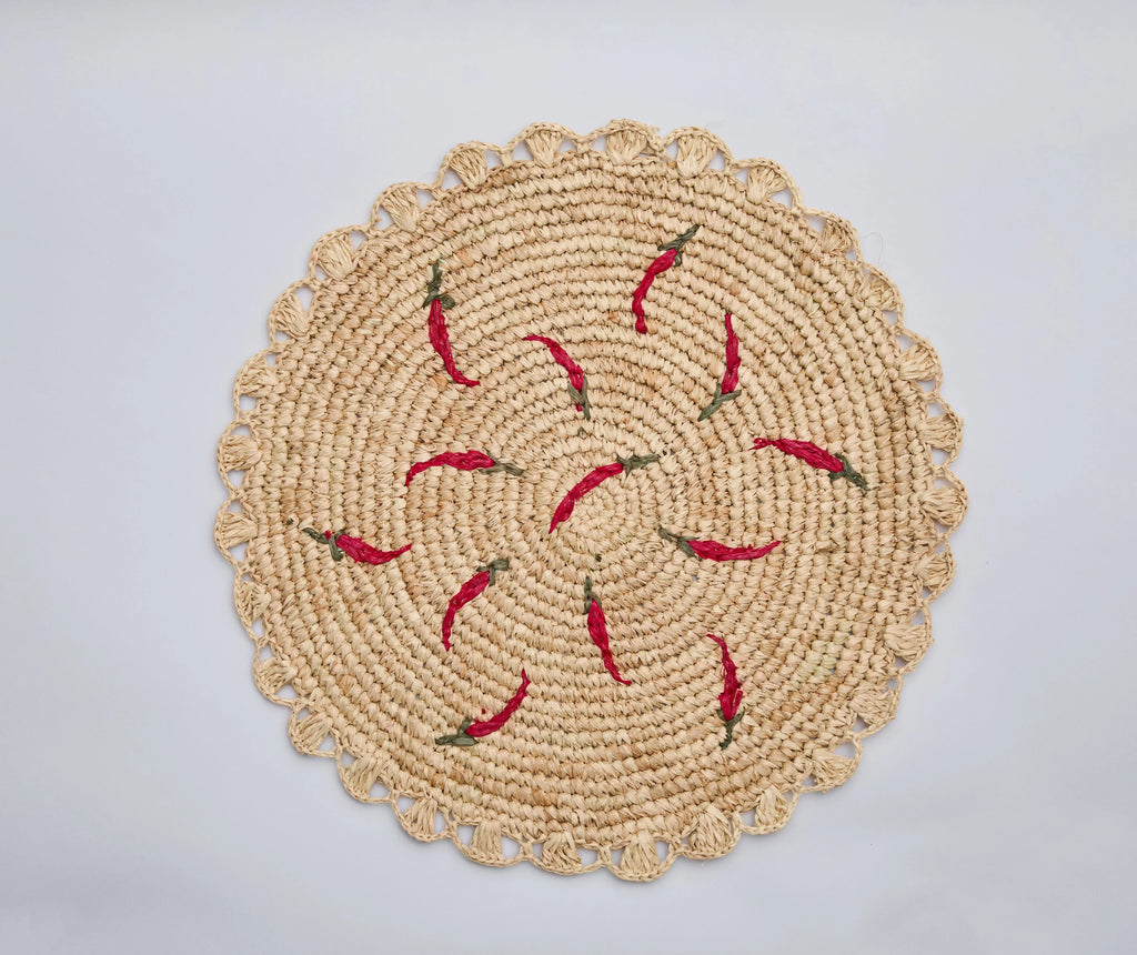 Scattered Chili Handwoven Raffia Round Placemat – Artisan Table Décor Payton James