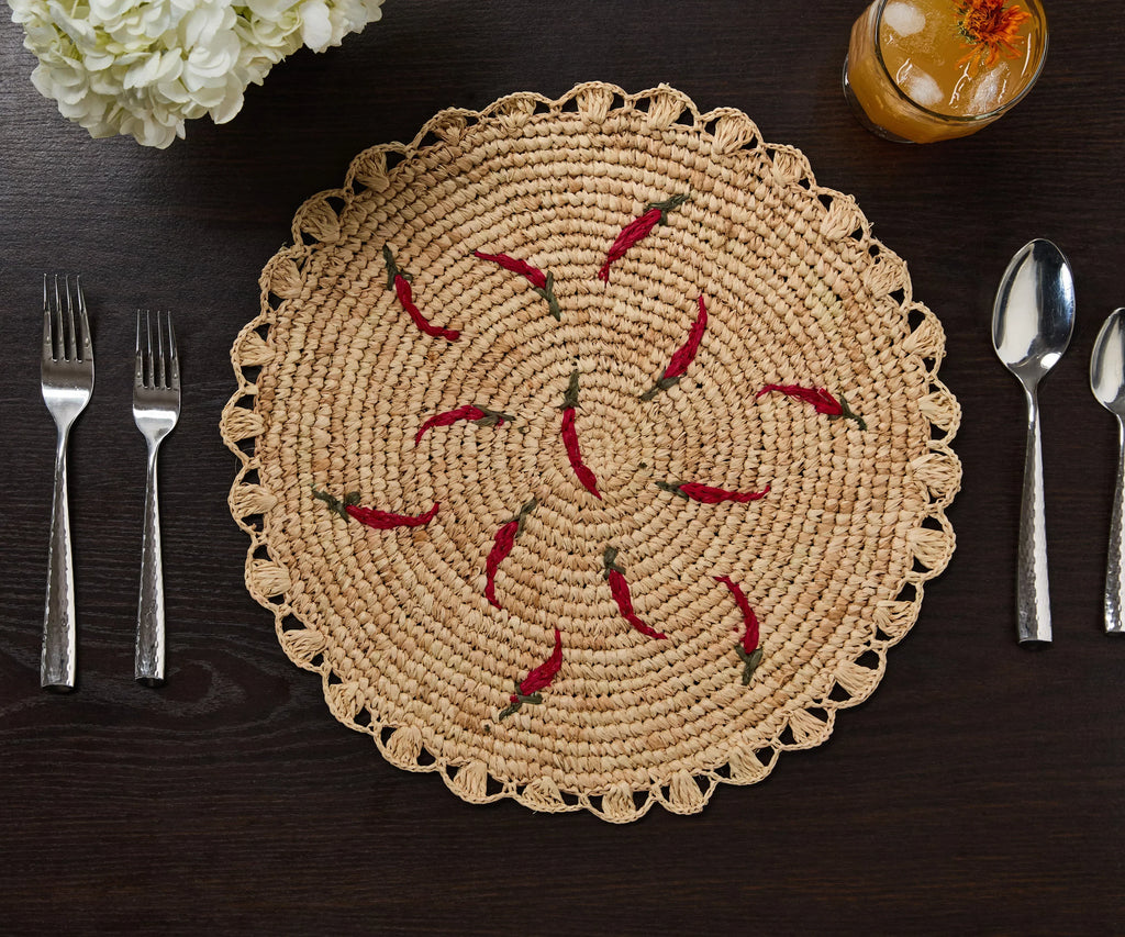 Scattered Chili Handwoven Raffia Round Placemat – Artisan Table Décor Payton James