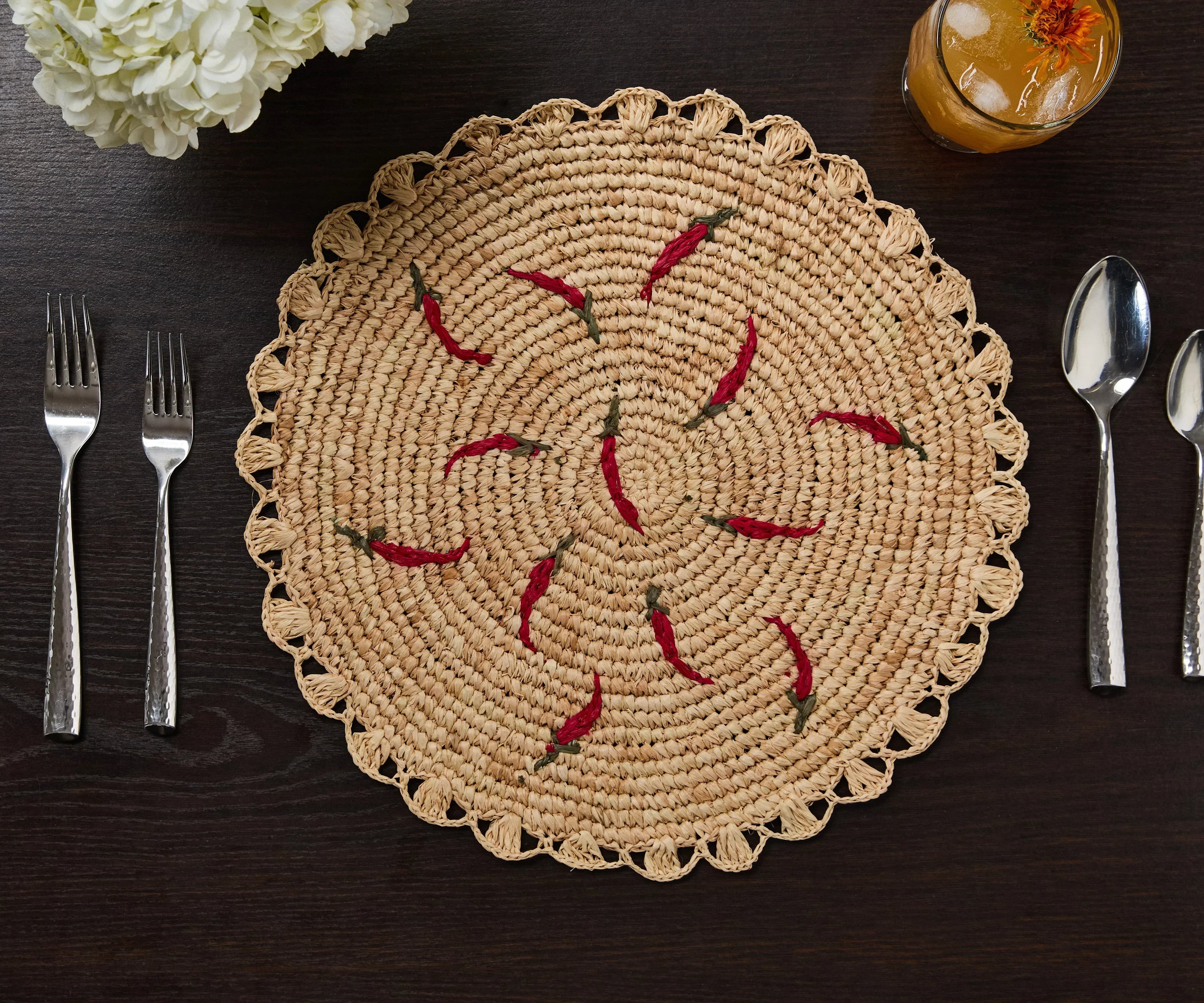 Scattered Chili Handwoven Raffia Round Placemat – Artisan Table Décor Payton James