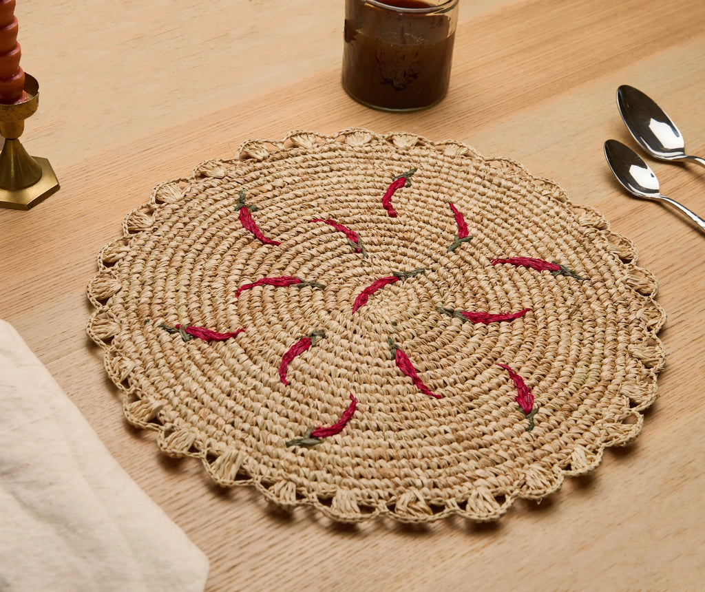 Scattered Chili Handwoven Raffia Round Placemat – Artisan Table Décor Payton James