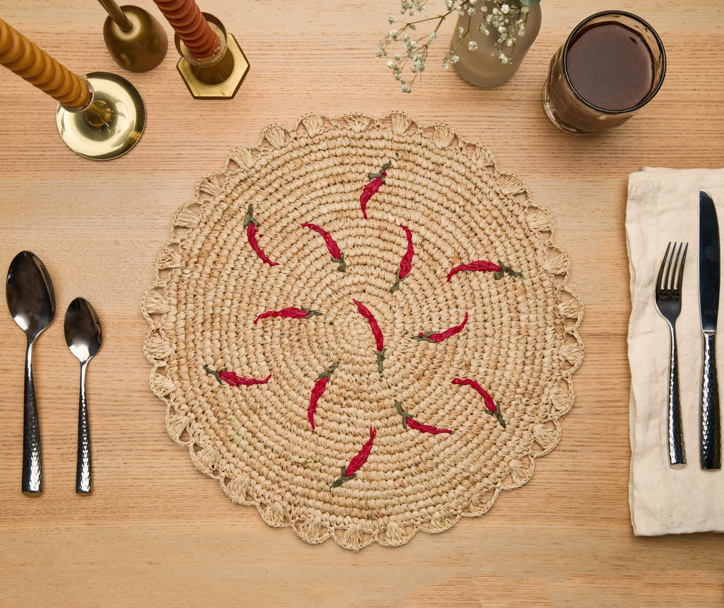 Scattered Chili Handwoven Raffia Round Placemat – Artisan Table Décor Payton James