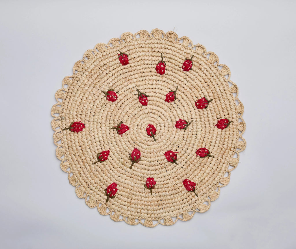 Scattered Strawberry Hand-Crocheted Raffia Palm Round Placemat Payton James