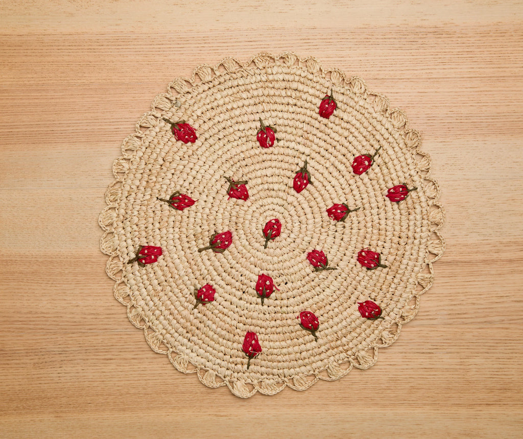 Scattered Strawberry Hand-Crocheted Raffia Palm Round Placemat Payton James