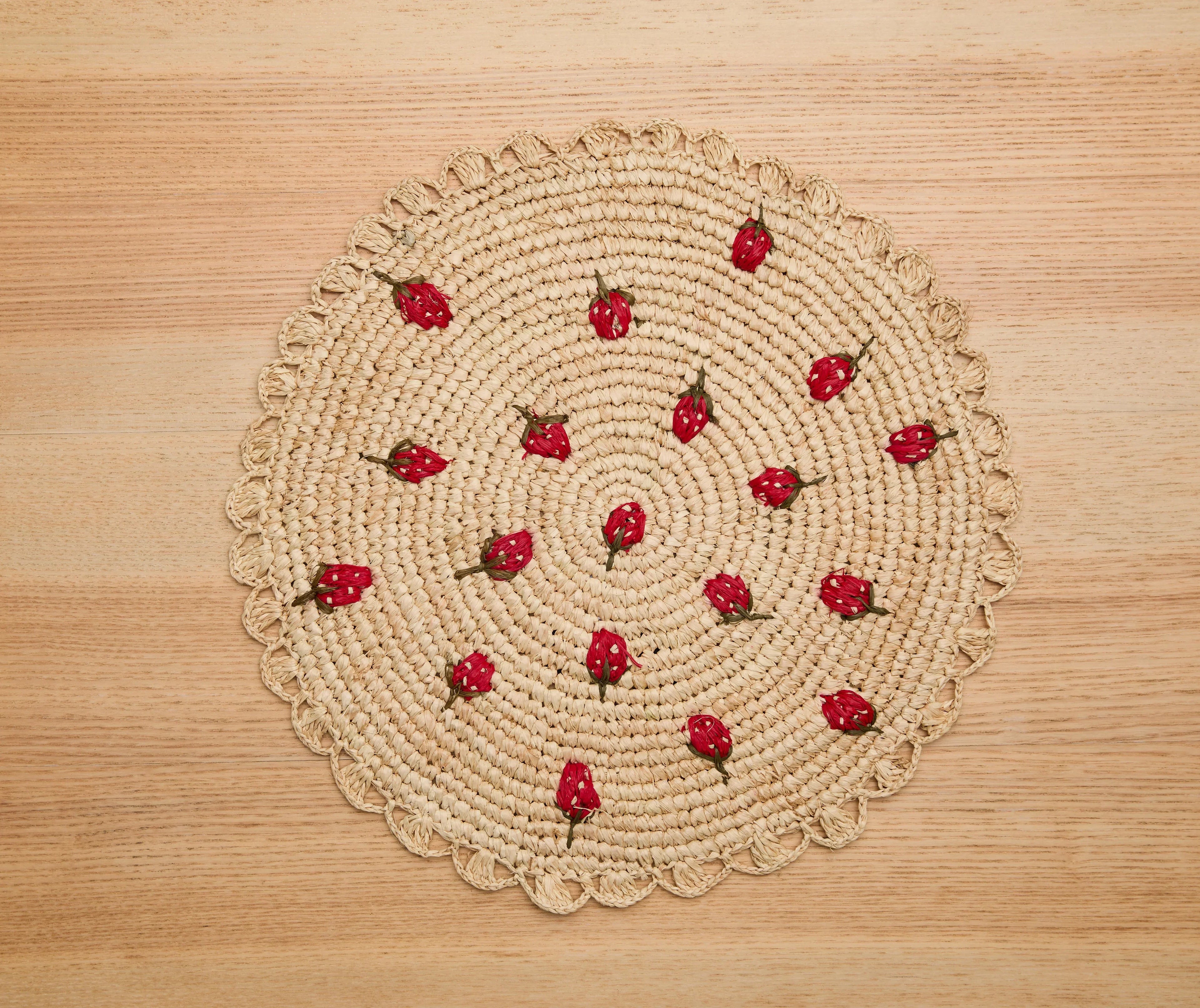 Scattered Strawberry Hand-Crocheted Raffia Palm Round Placemat Payton James