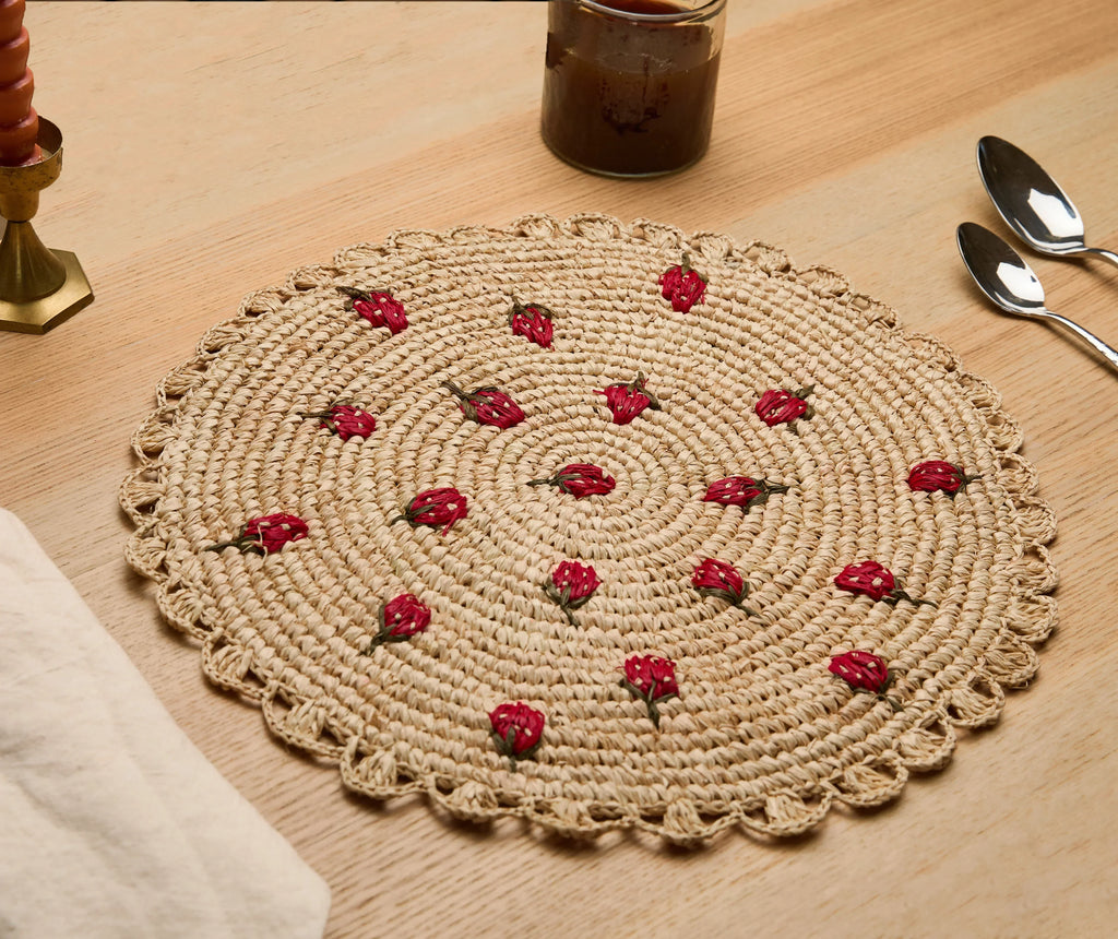 Scattered Strawberry Hand-Crocheted Raffia Palm Round Placemat Payton James