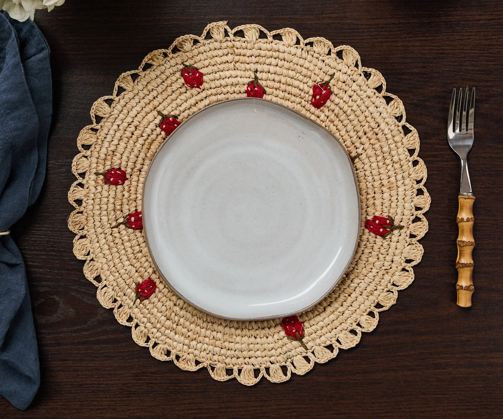 Scattered Strawberry Hand-Crocheted Raffia Palm Round Placemat Payton James