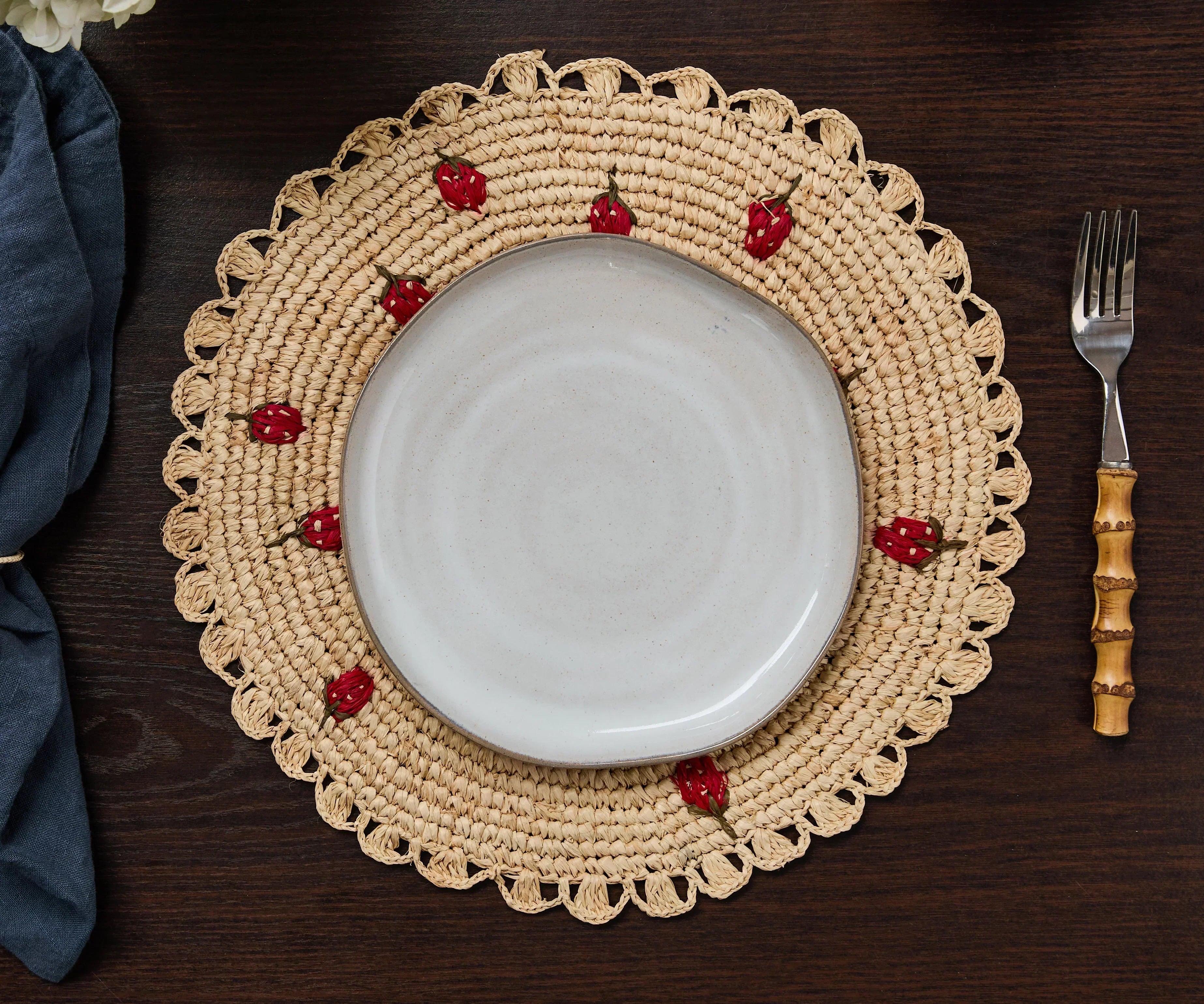 Scattered Strawberry Hand-Crocheted Raffia Palm Round Placemat Payton James