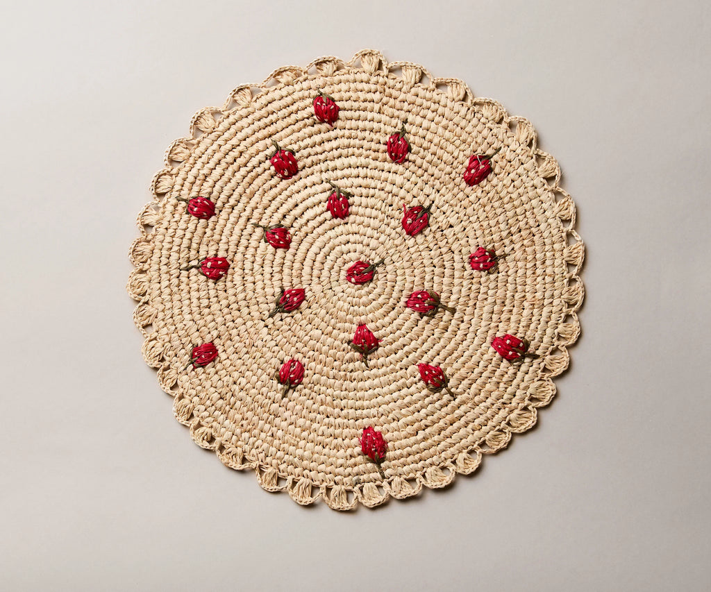 Scattered Strawberry Hand-Crocheted Raffia Palm Round Placemat Payton James