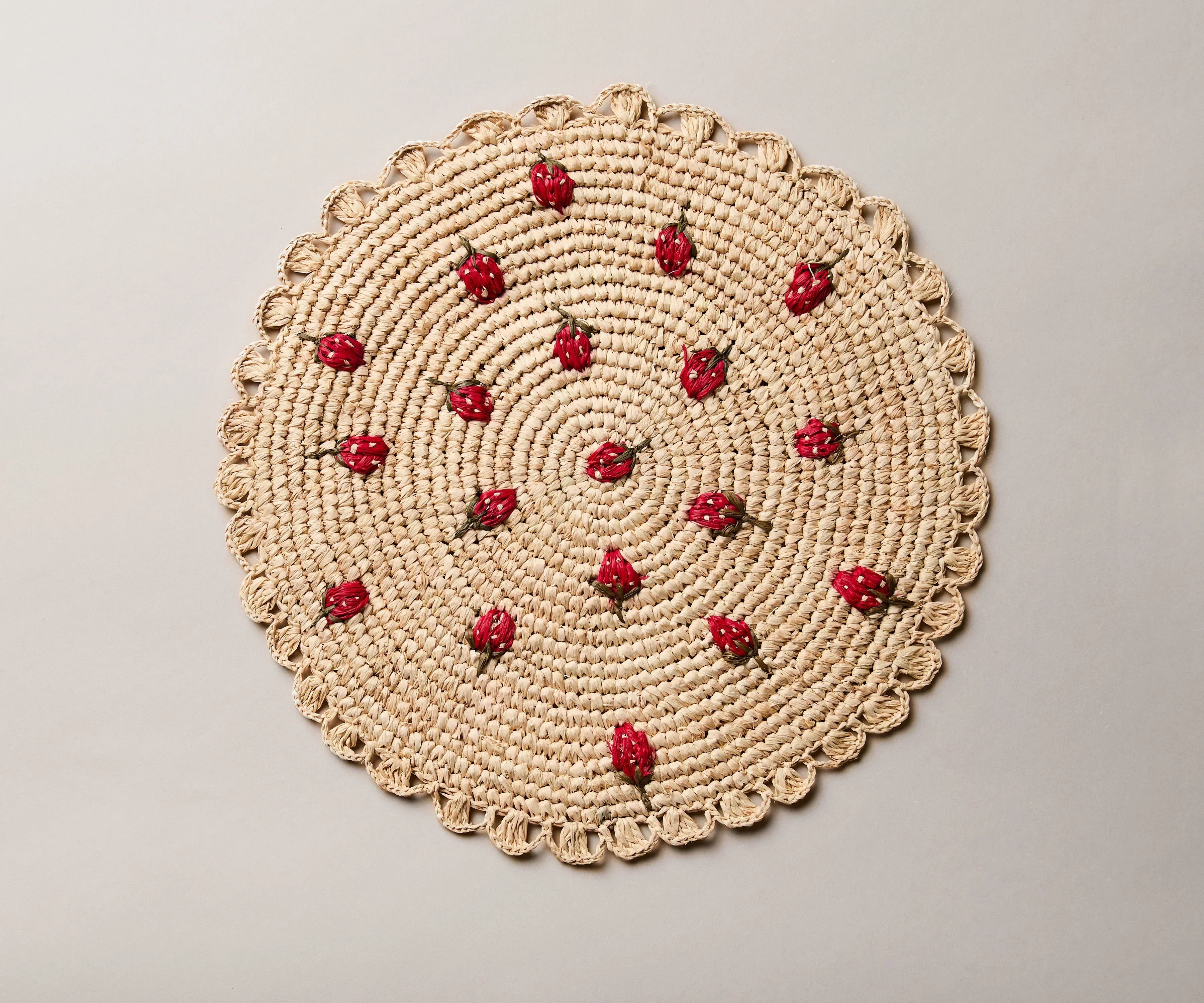 Scattered Strawberry Hand-Crocheted Raffia Palm Round Placemat Payton James