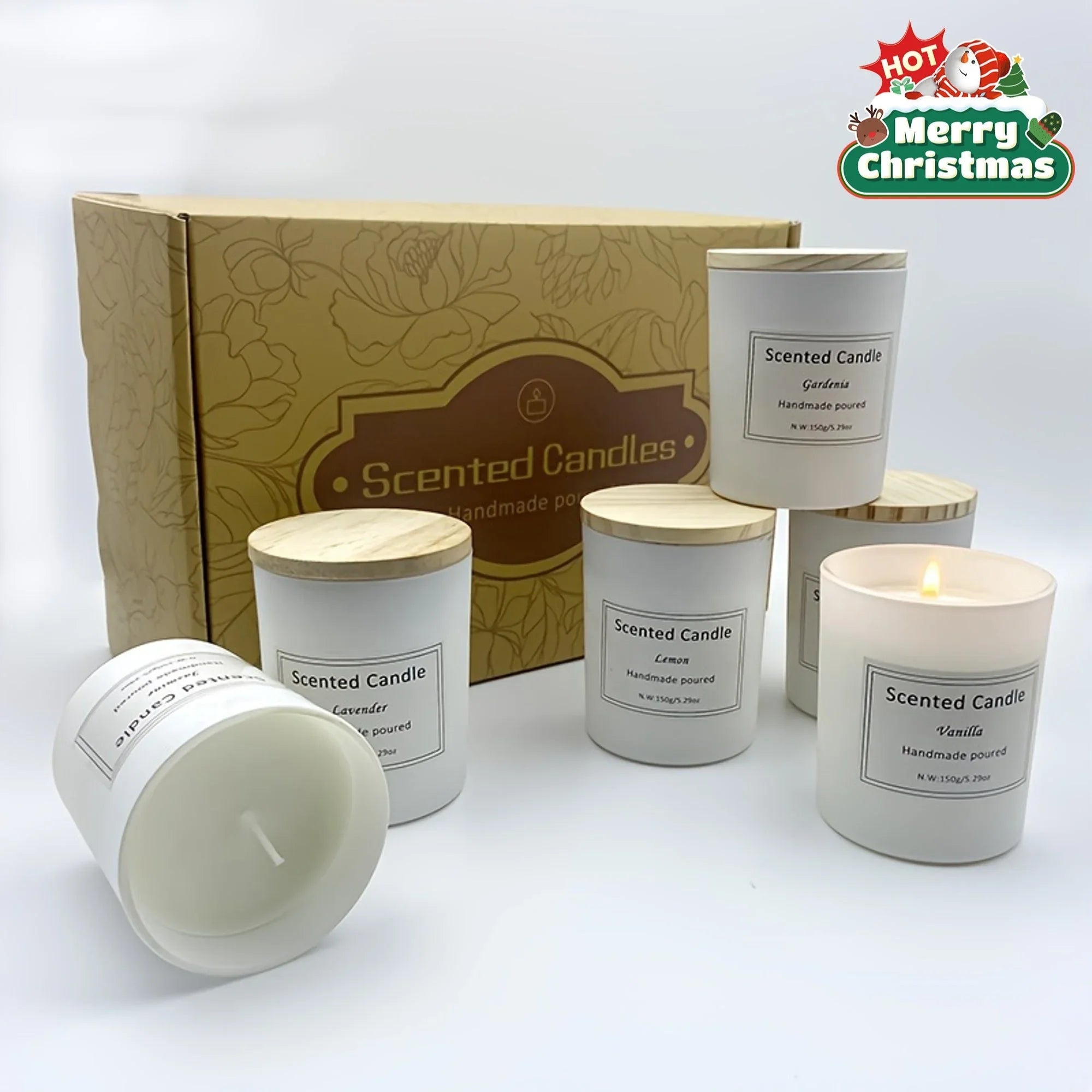 White glass scented candle set with six unique fragrances, mercury glass holders - House of Avana