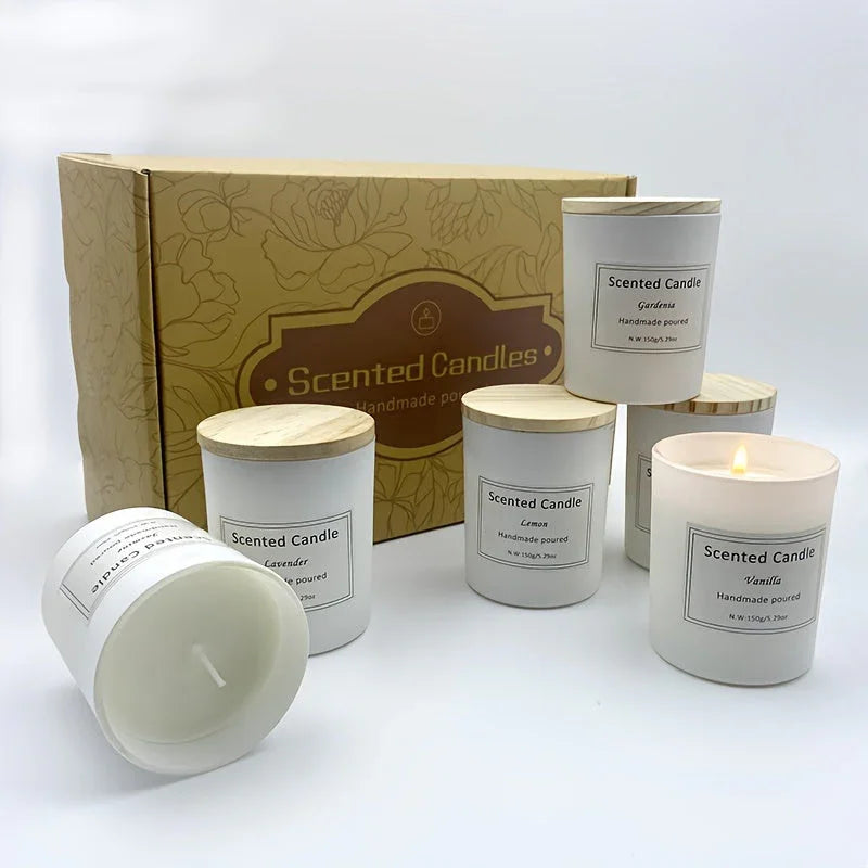 White glass scented candle set with six unique fragrances, mercury glass holders - House of Avana