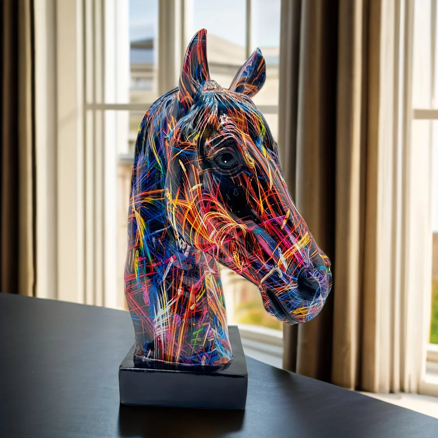 Vibrant Graffiti Horsehead Sculpture - Durable Resin Decor - Perfect for Bookshelf, Living Room, Office,... - House Of Avana