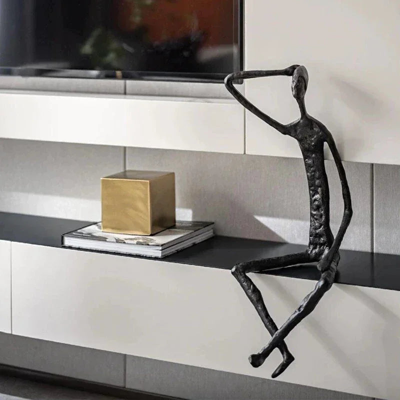 Abstract Minimalist Cast Iron Black Sculpture Hanging Feet Sitting Posture Character Ornaments Living... - House Of Avana