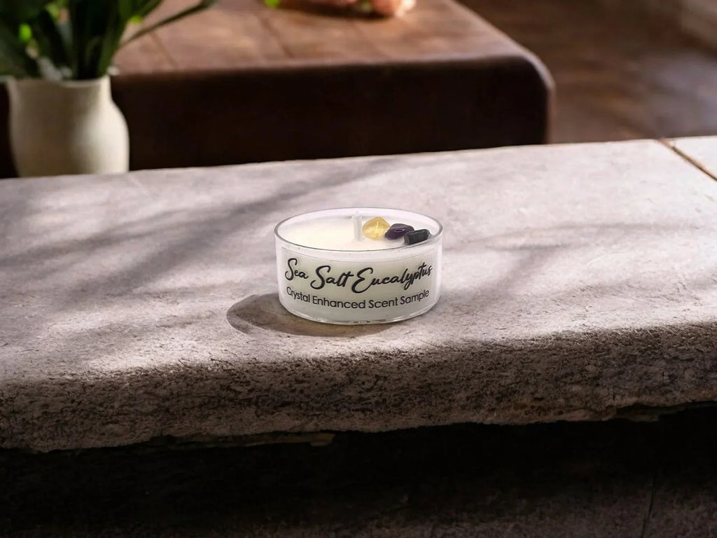 Sea Salt Eucalyptus, Premium Coconut-soy Wax Tea Light Crystal Candle, 1oz, side view - House Of Avana