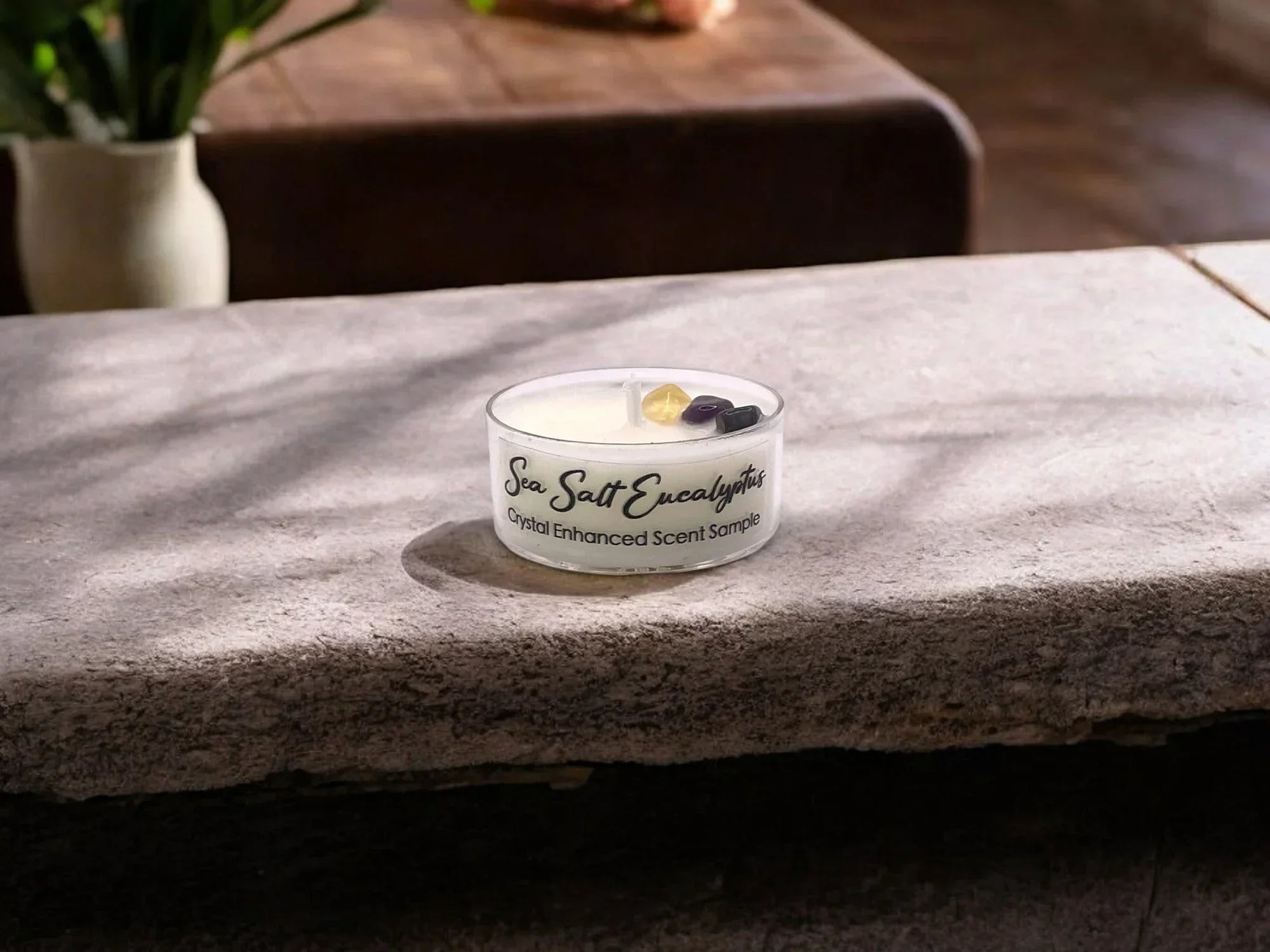 Sea Salt Eucalyptus, Premium Coconut-soy Wax Tea Light Crystal Candle, 1oz, side view - House Of Avana