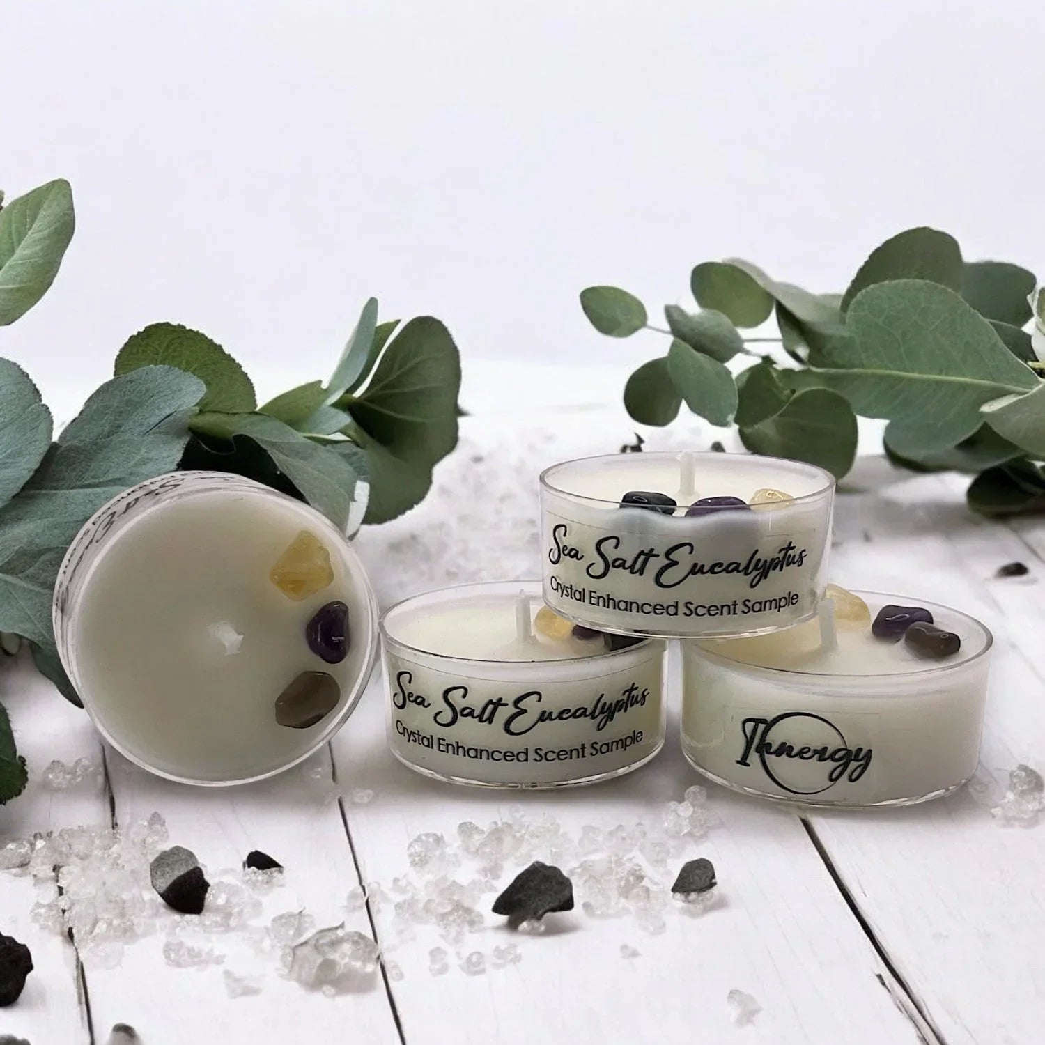 Sea Salt Eucalyptus, Premium Coconut-soy Wax Tea Light Crystal Candle, 1oz, detail shot - House Of Avana