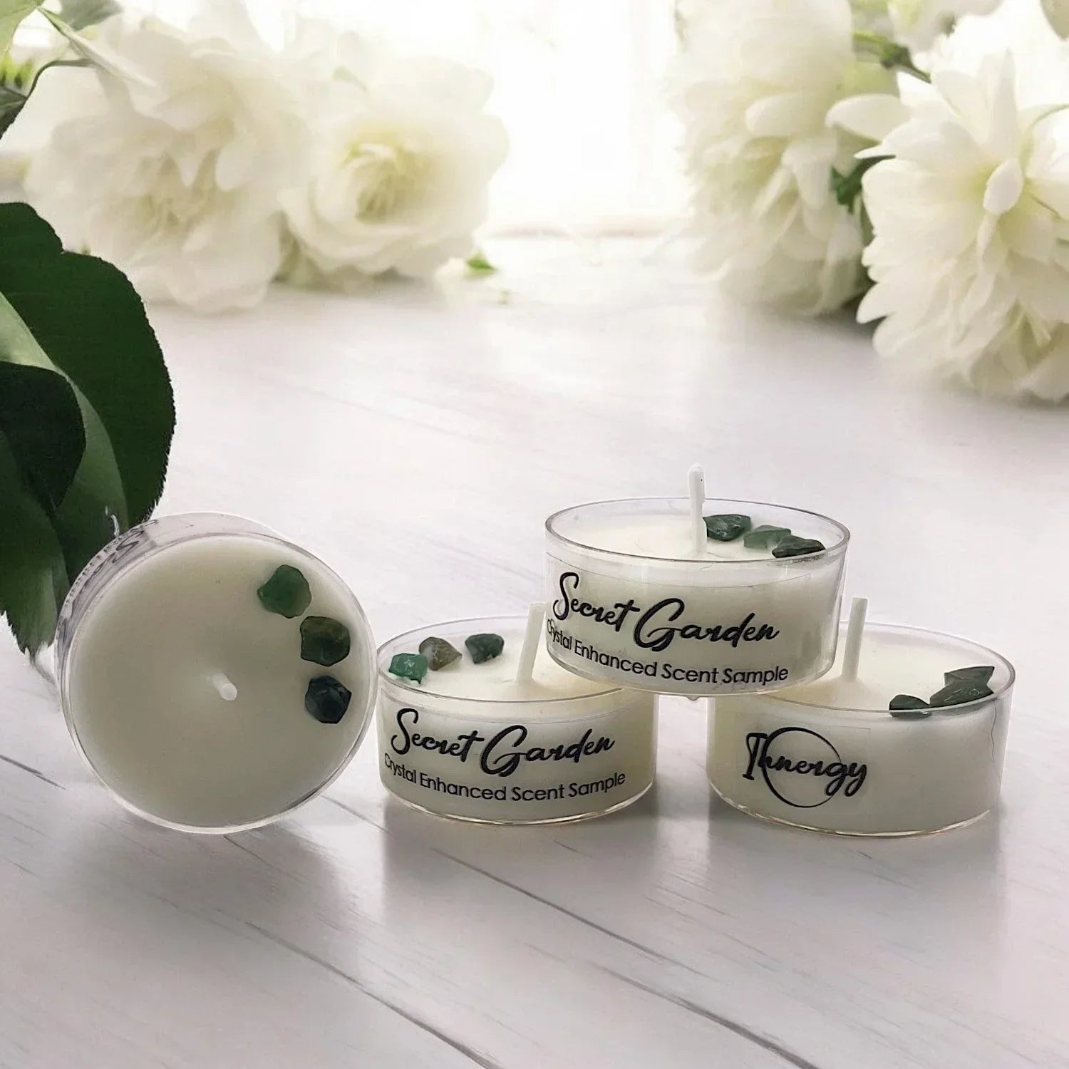 Secret Garden, Premium Coconut-soy Wax Tea Light Crystal Candle, 1oz, detail shot - House Of Avana