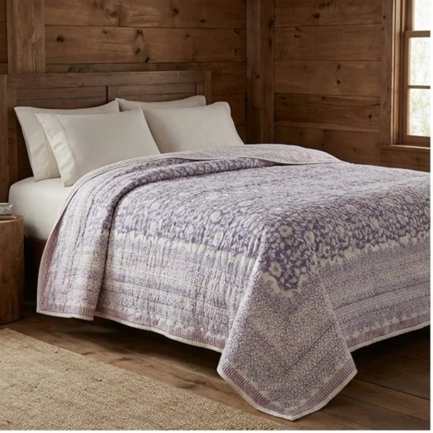 Cream & Sage Green Jaipur Indian hand block print floral quilted comforter | Jaipur Indian block print cotton muslin quilted comforter | Sanganer hand block print floral bedding | quilt Queen King size India handicraft | House of Avana