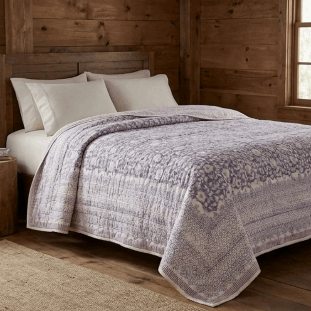 Cream & Sage Green Jaipur Indian hand block print floral quilted comforter | Jaipur Indian block print cotton muslin quilted comforter | Sanganer hand block print floral bedding | quilt Queen King size India handicraft | House of Avana [[SKU:HOA-COM-CRSG-021]]