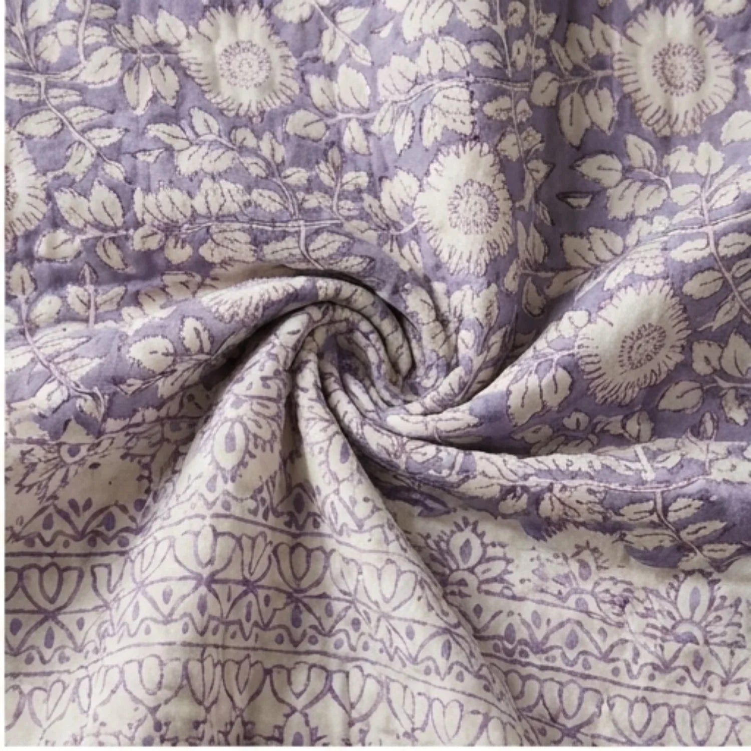 Cream & Sage Green Jaipur Indian hand block print floral quilted comforter | Indian handicraft Jaipur hand block print cotton muslin comforter | floral quilted bedspread Sanganer | block print Queen King bedding India | House of Avana