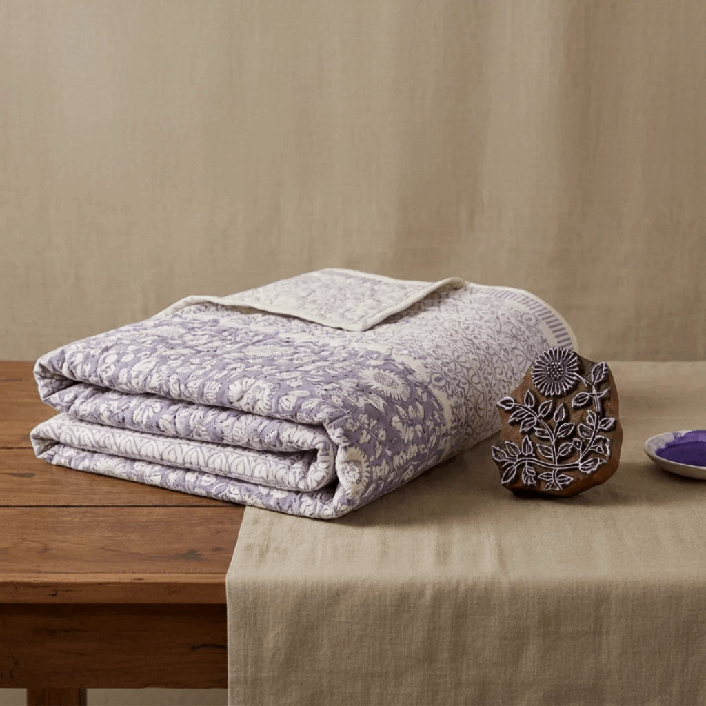Cream & Sage Green Jaipur Indian hand block print floral quilted comforter | hand block printed muslin cotton quilt Jaipur India | Indian handicraft bedding | Sanganer floral comforter Queen King | artisan block print | House of Avana [[SKU:HOA-COM-CRSG-021]]