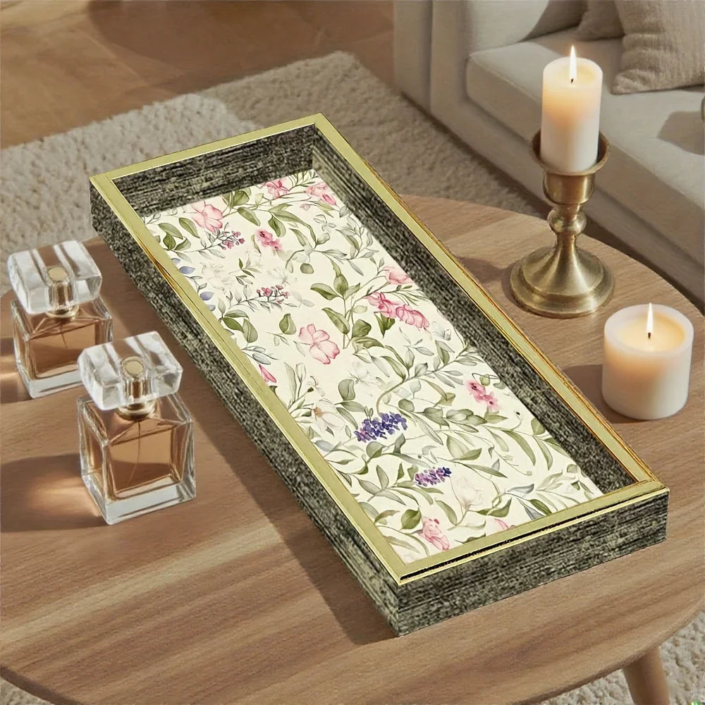 Elegant Glass Serving Tray - Clear Glass with Golden Frame & Pastel Pink/green Floral Design -... - House Of Avana [[SKU:HOA-SRV-402]]