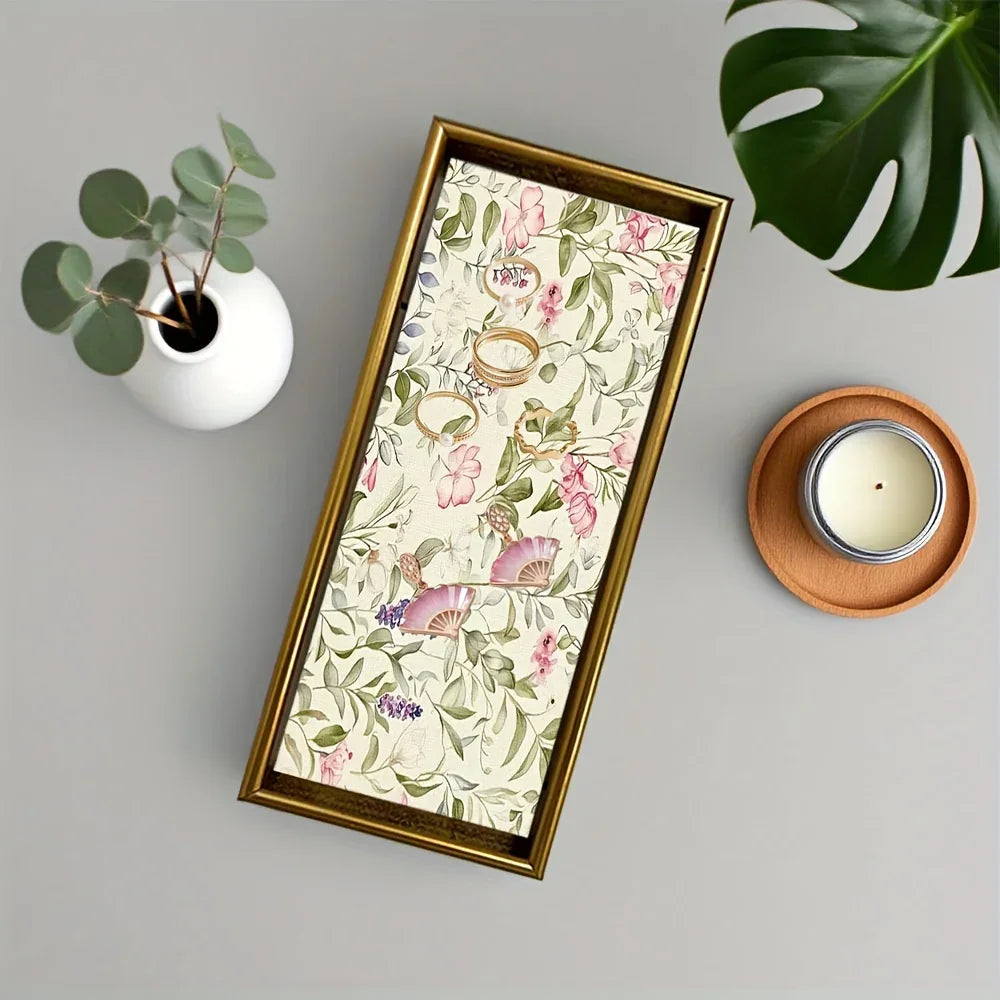 Elegant Glass Serving Tray - Clear Glass with Golden Frame & Pastel Pink/green Floral Design -... - House Of Avana [[SKU:HOA-SRV-402]]