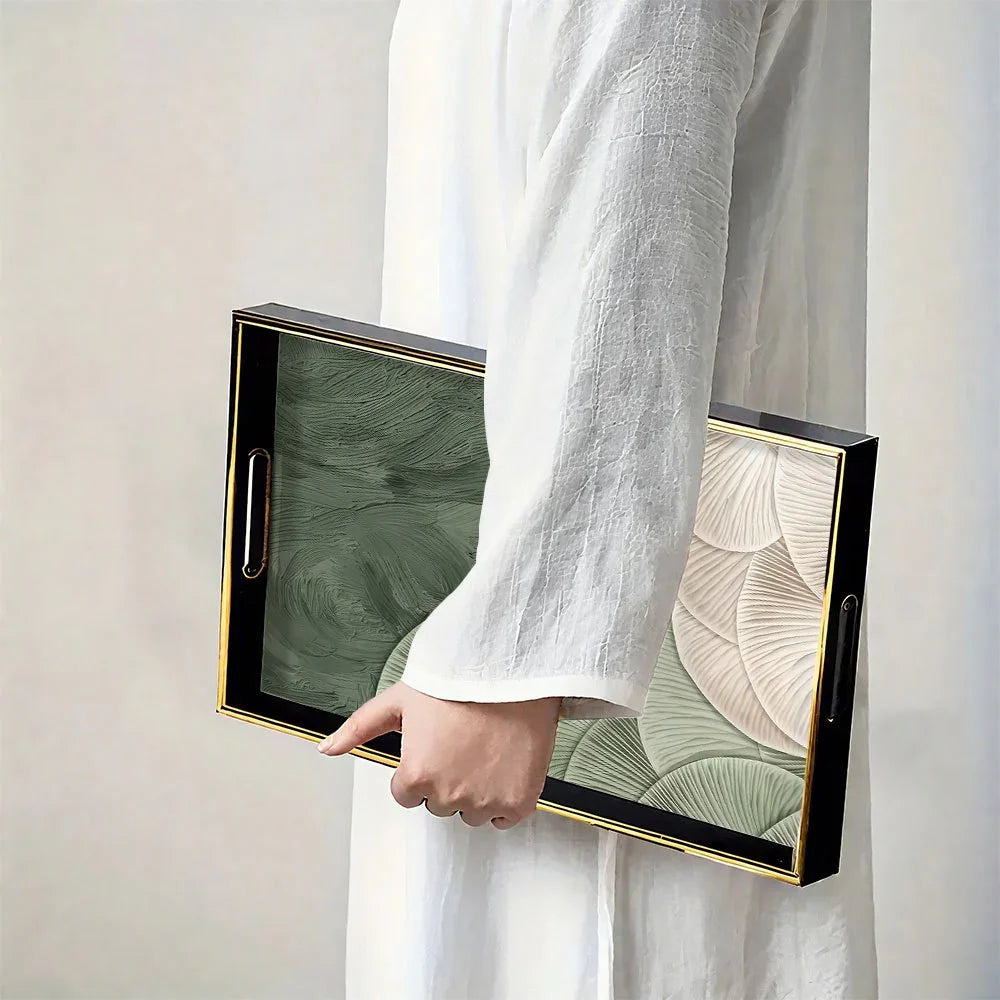 Elegant Serving Tray - Heat-resistant Up to Dining/table Protection, Green & White Layered Floral... - House Of Avana [[SKU:HOA-SRV-401]]