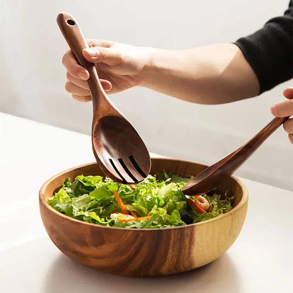 Wooden Serving Utensil Set Japanese Style Long Handle Spoon Fork, front view - House Of Avana