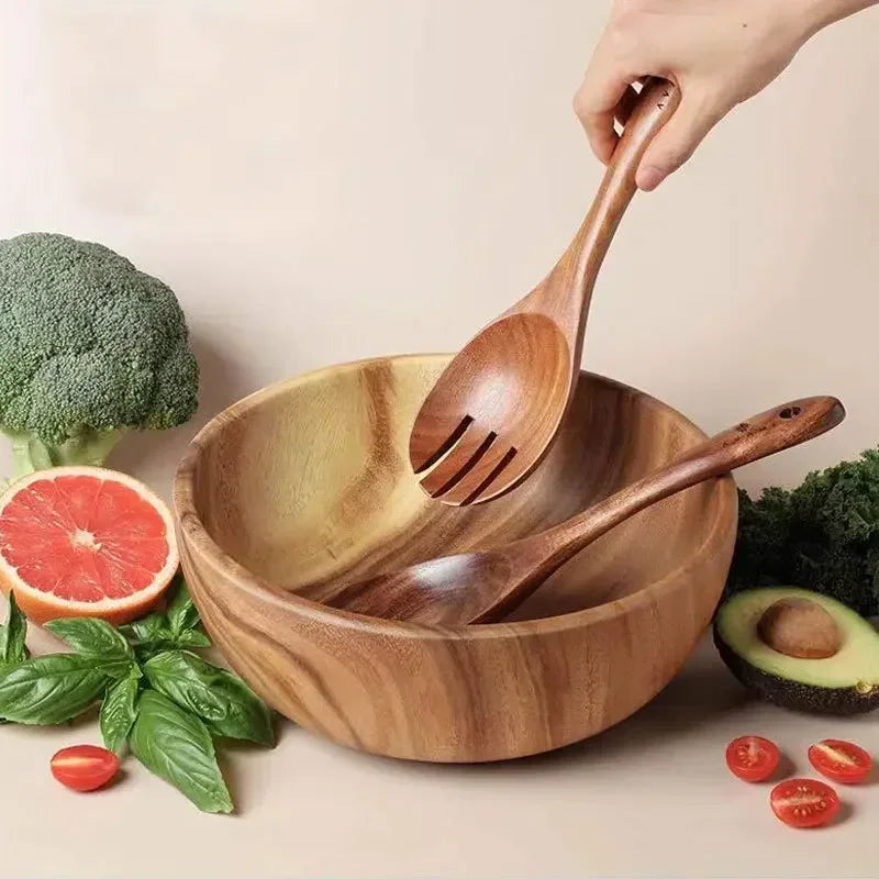 Wooden Serving Utensil Set Japanese Style Long Handle Spoon Fork, back view - House Of Avana