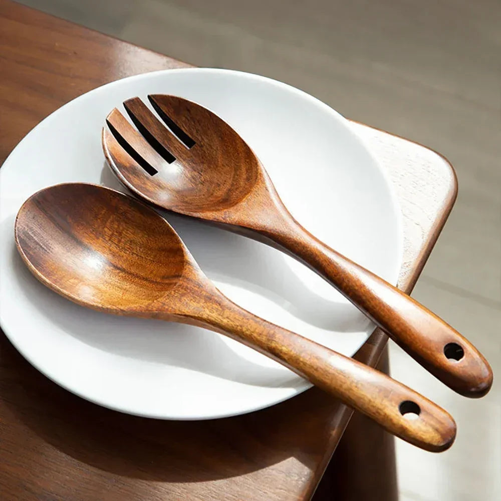 Wooden Serving Utensil Set Japanese Style Long Handle Spoon Fork, side view - House Of Avana