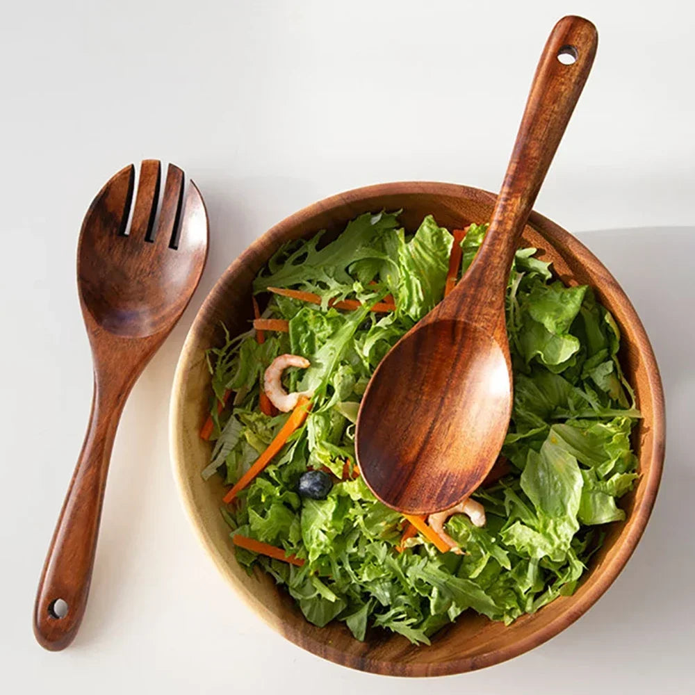 Wooden Serving Utensil Set Japanese Style Long Handle Spoon Fork, detail shot - House Of Avana